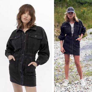 NEW Free People Bo Black Denim Button Front Mini Dress Preppy Academia Neutral